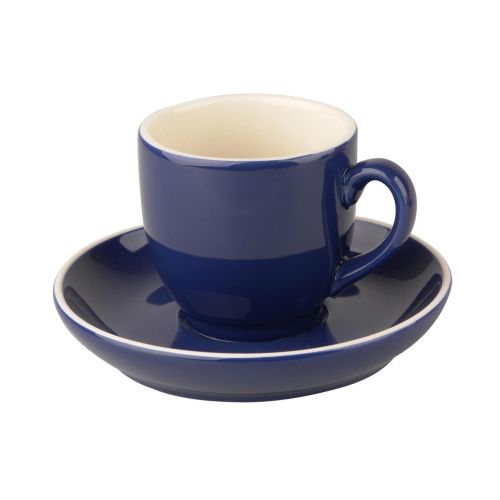 Blaue Robusta Kaffeetasse und Untertasse bedrucken lassen